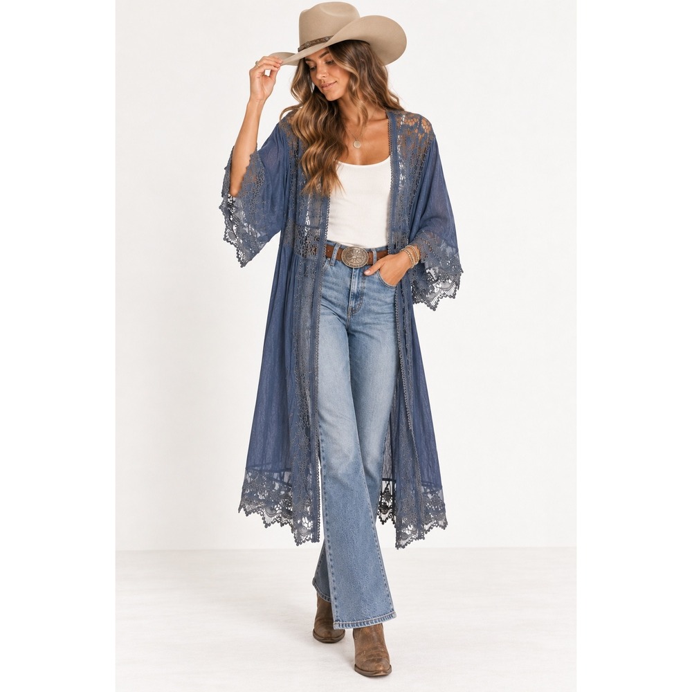 Umgee Blue Lace Trim Open Front Kimono Cardigan Boho Embroidered Mesh S/M